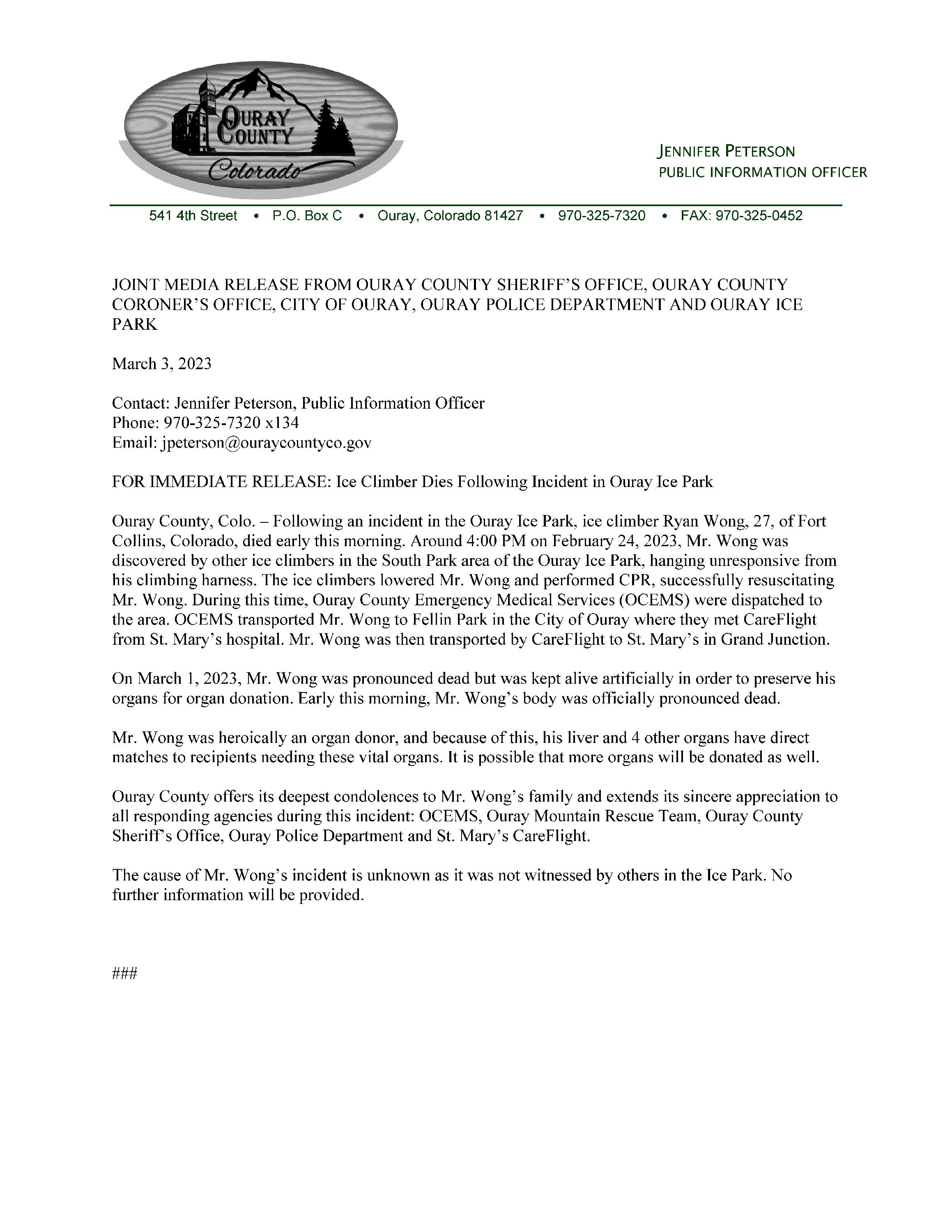Press Release - Ryan Wong Death 3.3.23 Joint Release
